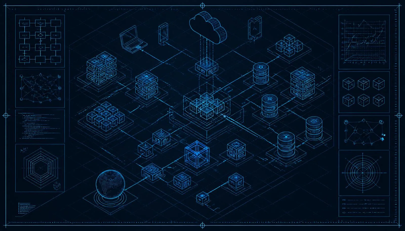 Isometric blueprint of a distributed application architecture with services, databases and client devices
