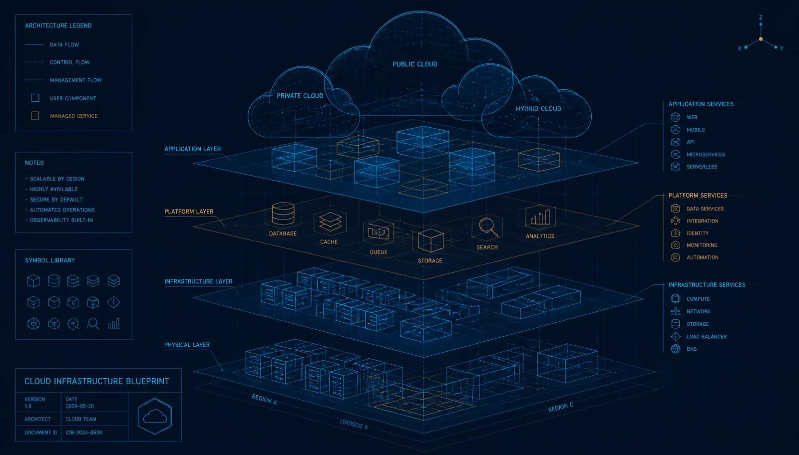 Layered blueprint schematic of cloud infrastructure showing application, platform, infrastructure and physical layers