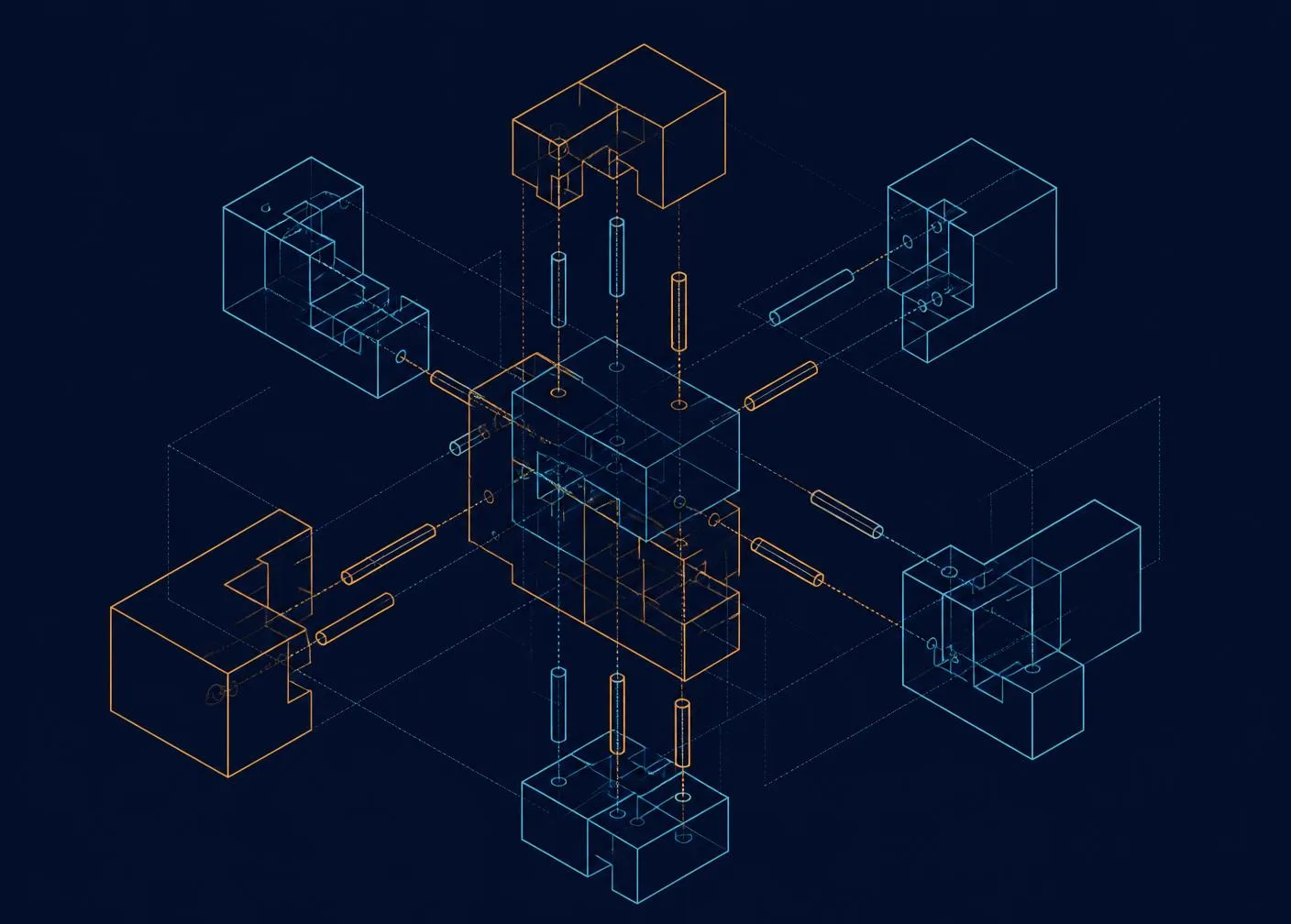 Exploded axonometric drawing of interlocking modular software components joined by alignment pins