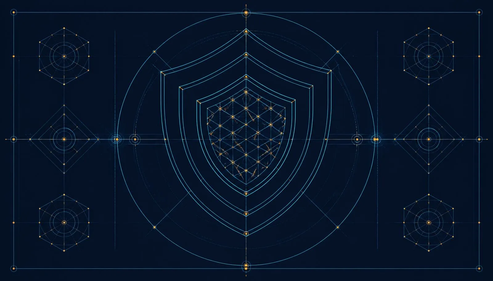 Abstract blueprint of nested protective shields over a lattice grid, representing layered security controls